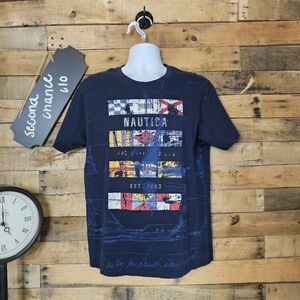 Nautica men's dark blue sailing racing theme shirt size large